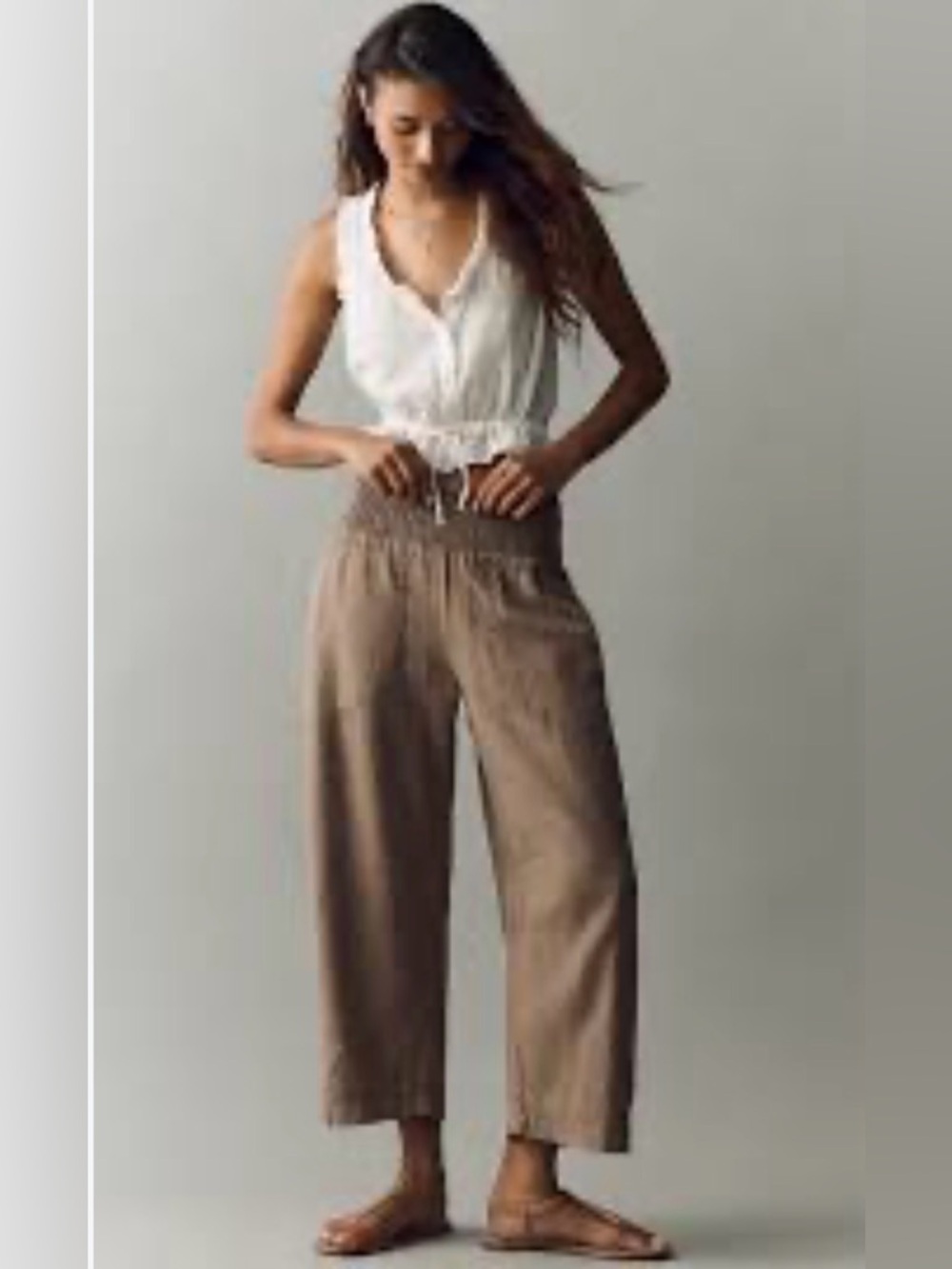 Anthropologie Pilcro Reese Smocked Pull-On Barrel leg pants beige sz M